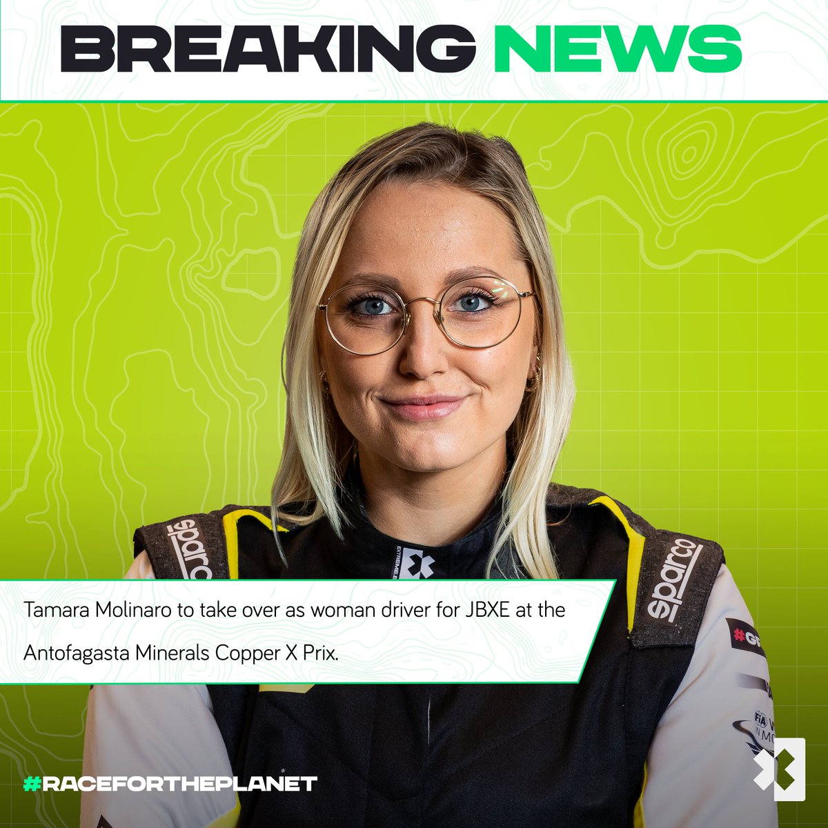 fiaextremeh's tweet photo. 🚨 BREAKING NEWS 🚨

Tamara Molinaro to take over as woman driver for JBXE at the Antofagasta Minerals Copper X Prix. 🇨🇱

#ExtremeE #RaceforthePlanet #CopperXPrix https://t.co/ZEaKZ9JMcC