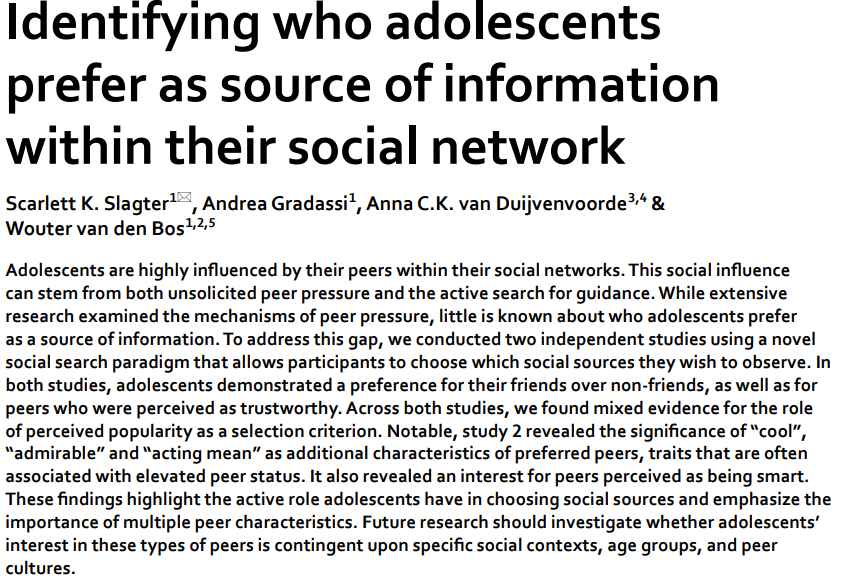 New cool work led by Scarlett Slagter: nature.com/articles/s4159… Teenagers are often depicted as passive receivers of peer influence, measured as a response to peers' choices. But what if we let adolescents choose their role models? Who are the most influential peers then?