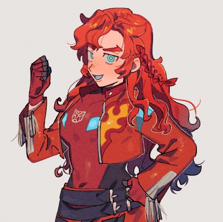 1girl solo jacket gloves hand on hip smile red hair  illustration images
