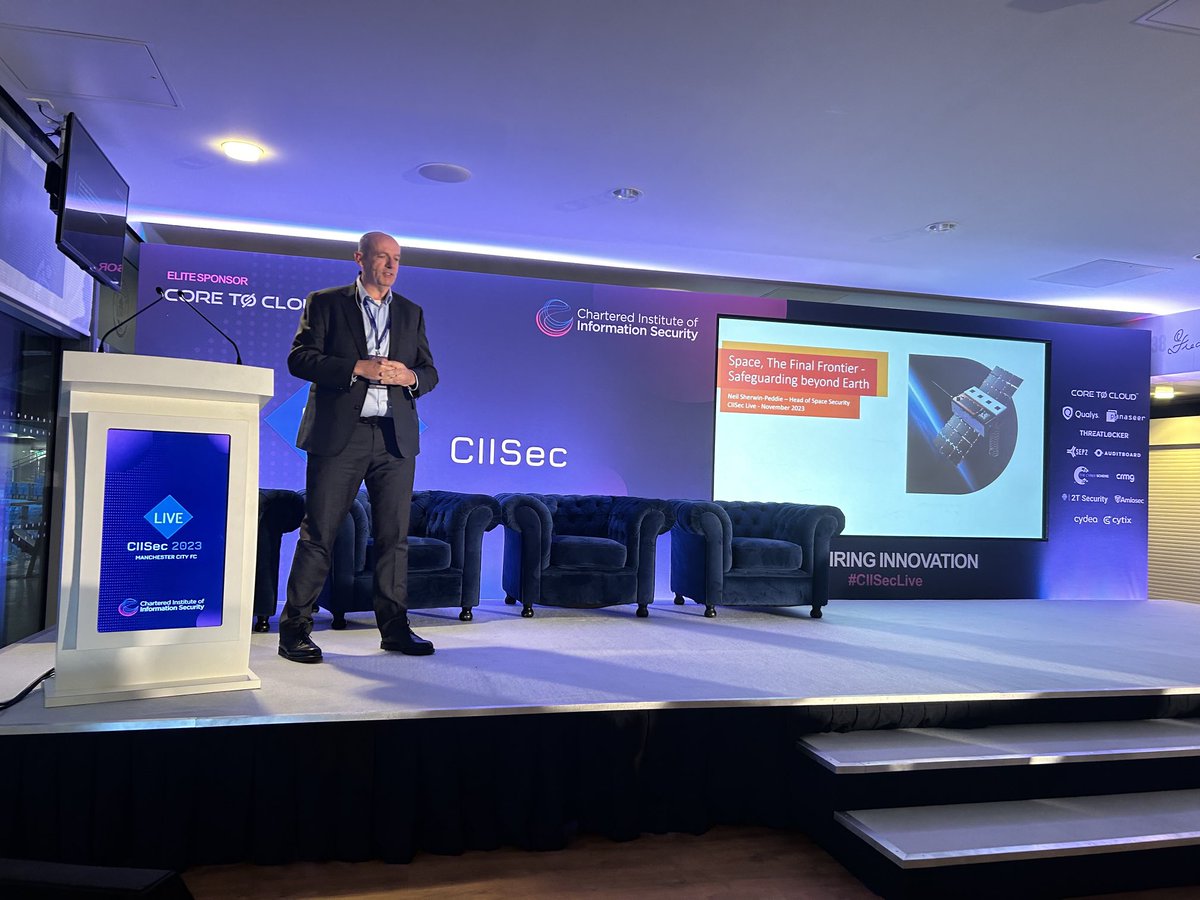 Stods21's tweet image. Neil Sherwin-Peddie kicking off #CIISecLive2023. Awesome keynote on safeguarding beyond Earth!