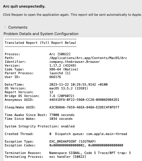 josegalaz_'s tweet photo. @browsercompany hey, I keep getting an "Arc quit unexpectedly" error,  do you have any clues on how to  to fix this? https://t.co/O0gUDkdpDT