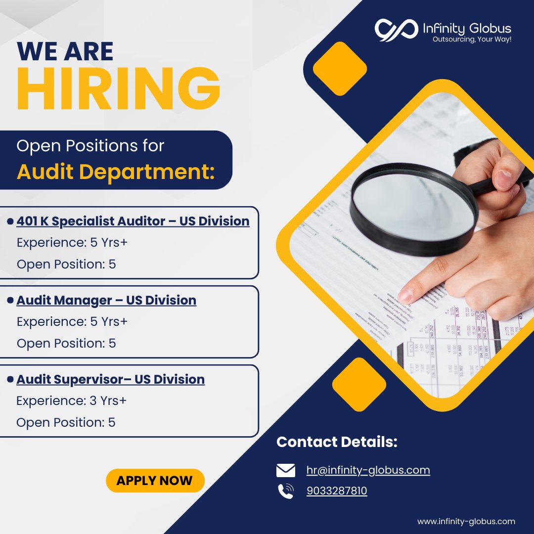 infinityglobus's tweet image. Come! Weave Your Success Today!
 
Infinity Globus is now hiring for its Audit Department. If you&apos;re someone who has a knack for auditing and understands the intricacies of the industry, then check out the below positions now
 
#Audithiring #auditmanager #auditor #auditjobs