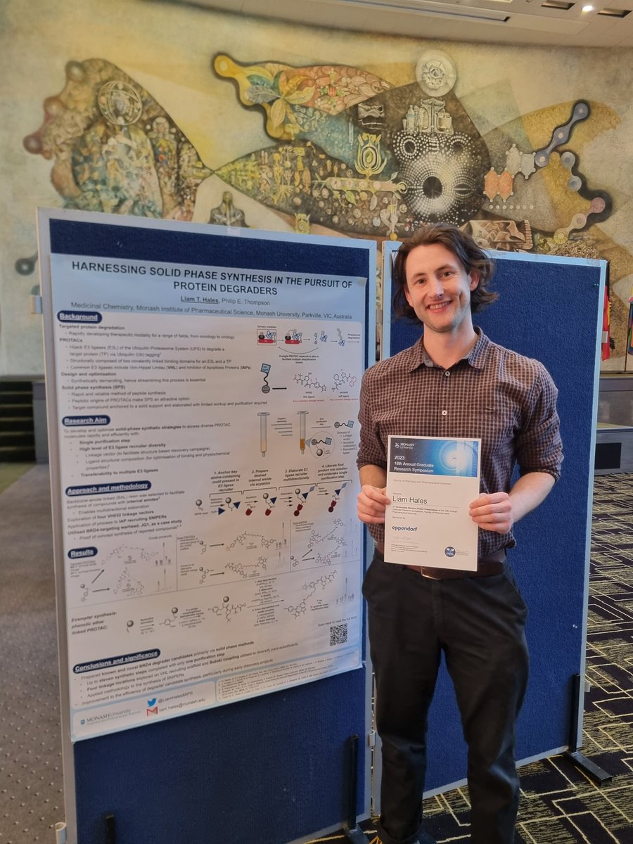 Thanks <a href="/PharmPostgrads/">Parkville Postgrad Association</a> for putting on a great student symposium. Always great to see all the work going on at <a href="/MonashPharm/">Monash Pharmacy & Pharmaceutical Sciences</a> 
Also very grateful to have been awarded a prize for my poster on solid-phase PROTAC synthesis.