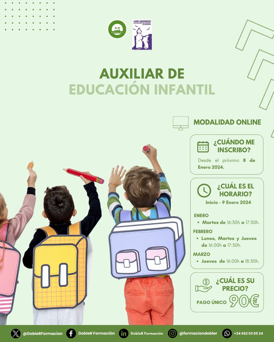 👶| ¡Conviértete en un apoyo esencial en el desarrollo de los más pequeños! Descubre nuestro curso de Auxiliar de Educación Infantil.

📚| Adquiere conocimientos en pedagogía, cuidados infantiles y estimulación temprana.

🎓| Con una formación sólida y práctica, estarás preparado