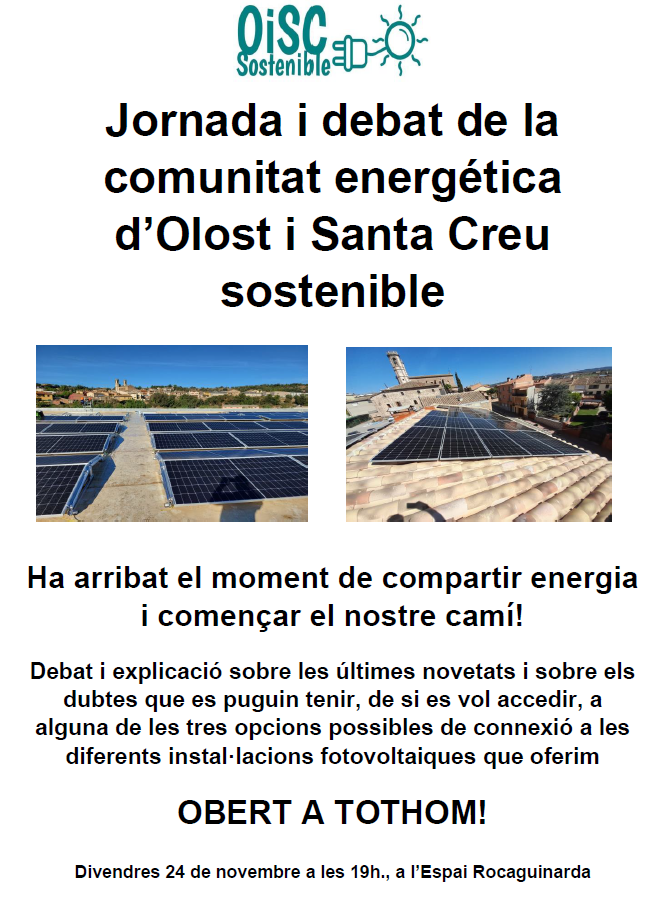 oisc_sostenible's tweet photo. Aquest divendres explicarem i resoldrem dubtes sobre el servei d'autoconsum de la nostre Comunitat, s'estan finalitzant els projectes i ara toca definir el repartiment d'energia! Obert a tothom! #Olost #somcomunitats https://t.co/Wr9sfOqInX