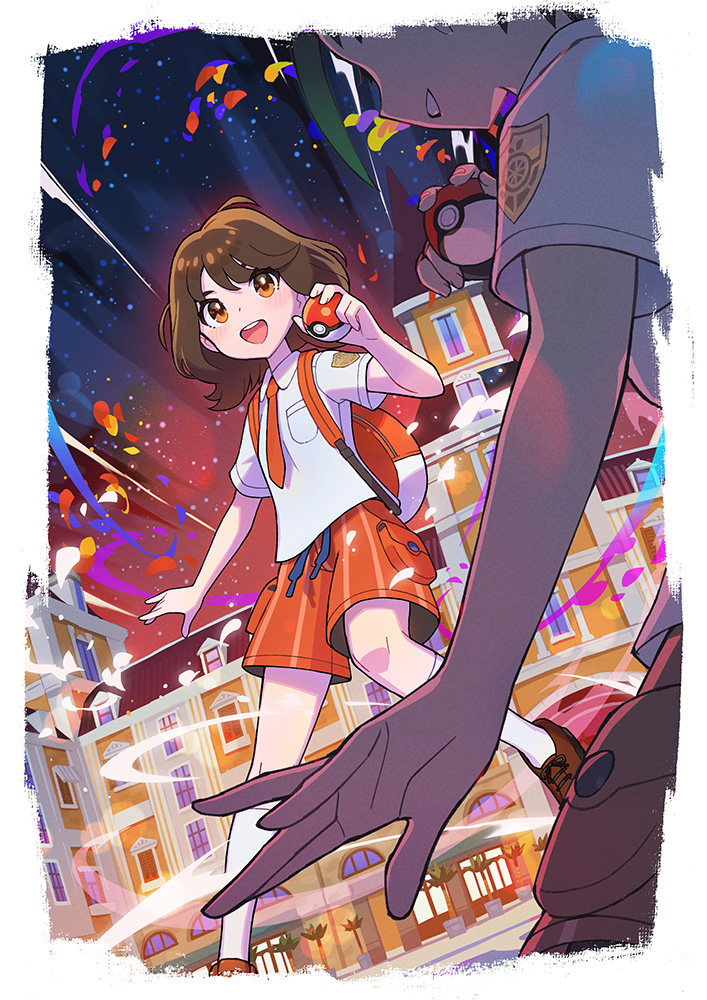 juliana (pokemon) orange shorts shorts brown hair holding poke ball holding school uniform poke ball  illustration images