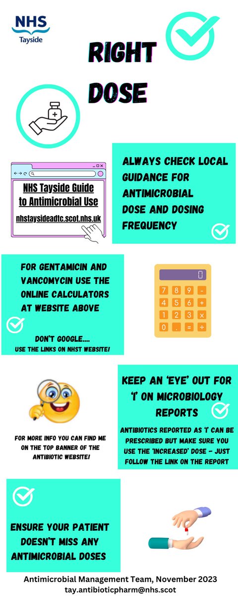 '5RIGHTS' ✅of antimicrobial prescribing Day 3 for #WorldAMRAwarenessWeek! Today's theme is 'RIGHT DOSE' ✅🦠💊 Have a look 🔍at the key points ⬇️ and links @ NHST Abx website shorturl.at/mqv09