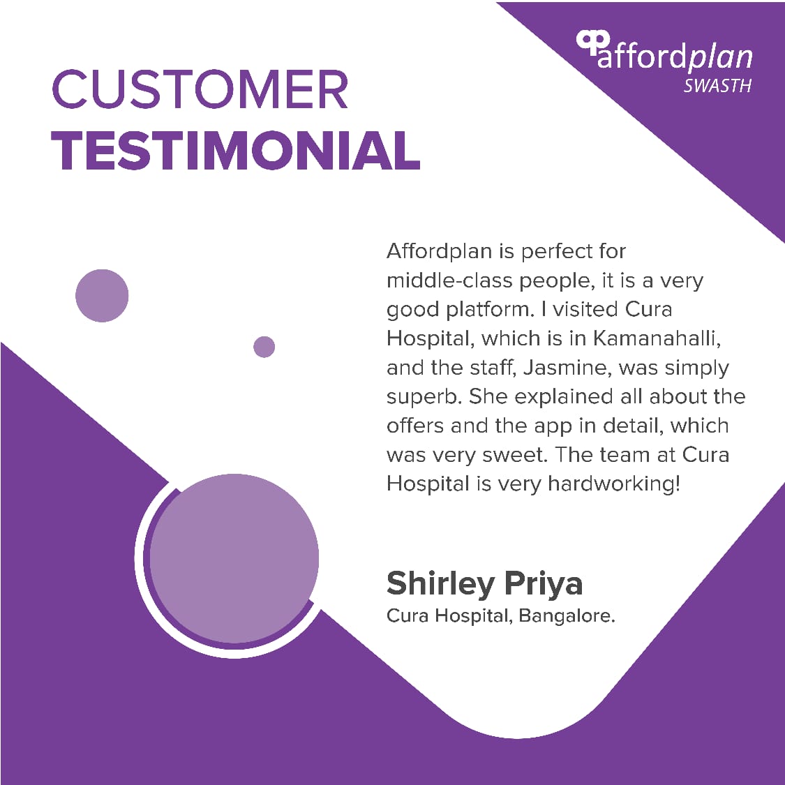 We are thrilled to hear such positive feedback about #Affordplan! Our staff works hard to provide the best financial options to help manage healthcare expenses. Thank you for choosing us! Call +91 92500 50501 to start your healthcare savings journey with us. #testimonials