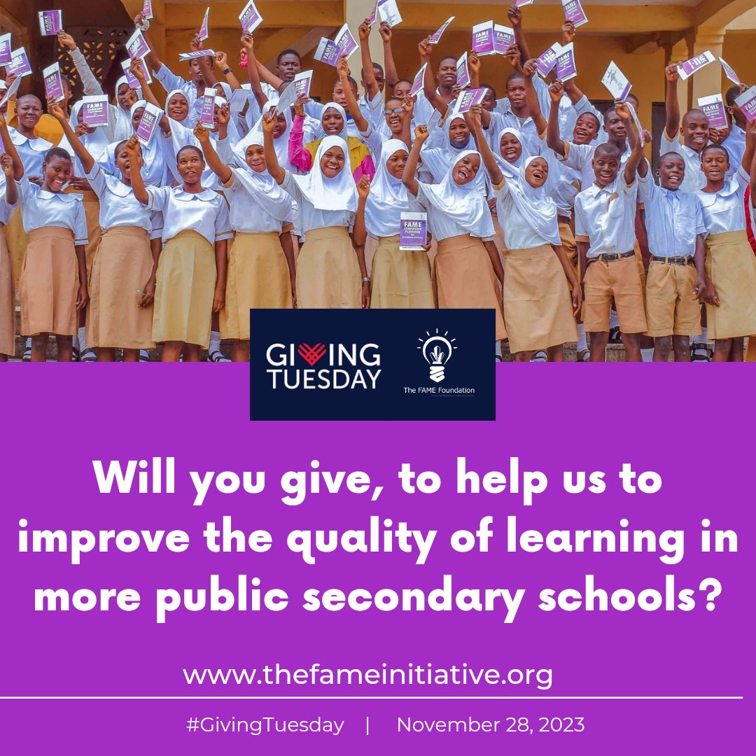 thefamefdn's tweet image. 📢 Mark your calendar! Nov 28 is #GivingTuesday. 

Give quality education on #GivingTuesday, and be a part of investing in the lives of the next generation of leaders.

How will you give?

Click the link in our BIO to learn more.

#donate #fundraiserevent #thefamefoundation