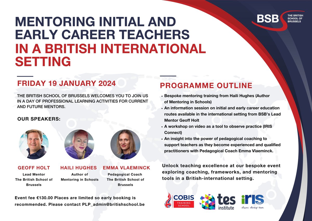 Are you: 
- a current or aspiring ITT/E or ECT mentor?  
- hoping to connect with other @COBISorg Training School mentors? 
- interested in building your knowledge and skill set to support this role?  
Come and join <a href="/BSB_PLP/">BSB PLP</a> <a href="/HughesHaili/">Dr Haili Hughes FRSA</a> @e_vlaeminck at <a href="/BSB_Brussels/">The British School</a> on 19/01/24!