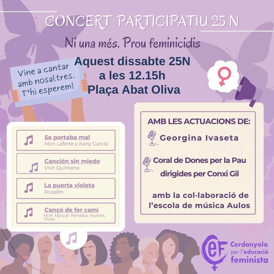 Aquest #25N surt a la plaça a reivindicar una #Cerdanyola i un món lliure de violència masclista. Participa al concert participatiu i les activitats infantils! Ens veiem a les 12h. a la plaça de l'Ajuntament!