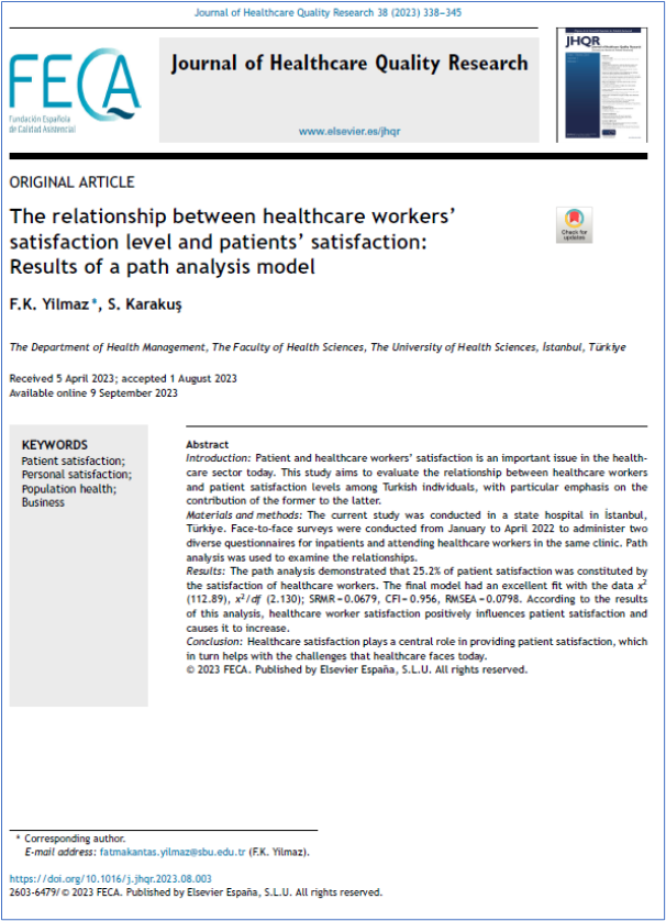 JHealthQualityR's tweet image. 📰 La relación entre la satisfacción de los trabajadores de la salud y la de los pacientes: modelo de análisis de ruta
✏️Original por F.K. Yilmaz en el @JHealthQualityR #RevistaSECA #JHQR
👉 bit.ly/3sHFFHa
✅#CalidadAsistencial #PersonalSanitario #pacientes #satisfaccion