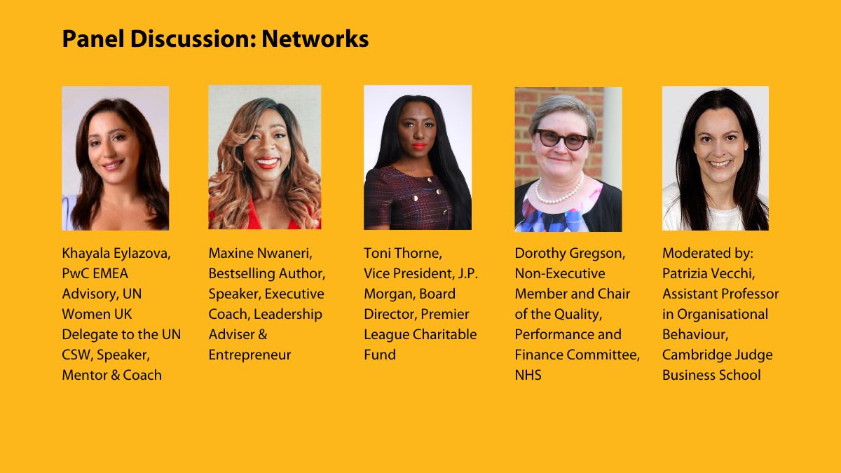 Excited to hear these inspiring people on Saturday at #Cambridgewlc23, discussing networks, a critical factor for women’s advancement to #leadership roles. Thanks for being involved <a href="/tonithorne1/">Toni Thorne</a>, <a href="/khayalaeylazova/">Khayala Eylazova 🇦🇿🇬🇧🇮🇪🇳🇴🇹🇷</a>, <a href="/MaxineNwaneri/">Maxine Nwaneri</a>, Dorothy Gregson, Patrizia Vecchi.🙏 #genderequity