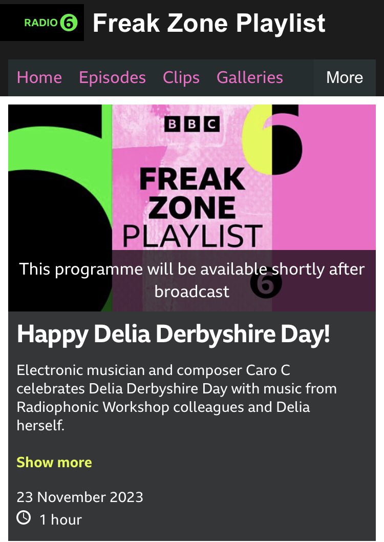 Tonight 📻 midnight 🎶 then on iplayer/bbcsounds for a month I think. Happy @DeliaDDay eve #electronicmusic #DoctorWho60 thanks to @jamieGroovement, @MarkAyresRWS, David Butler & of course Delia Derbyshire ♥️