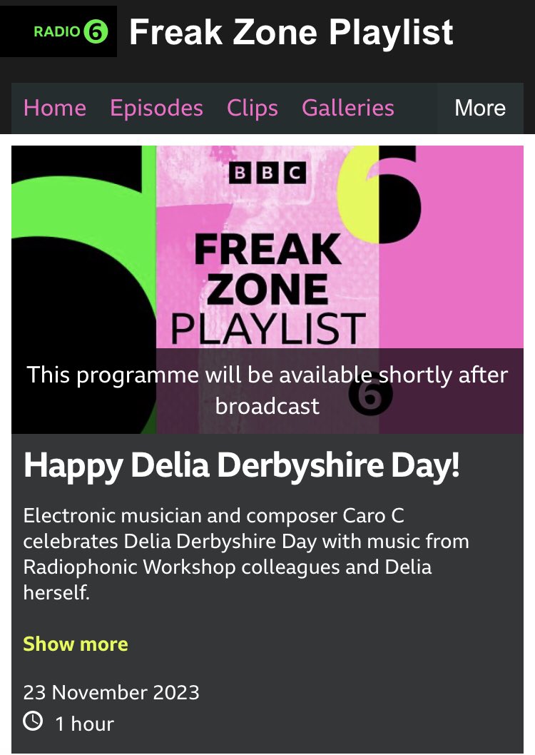 Tonight 📻 midnight 🎶 then on iplayer/bbcsounds for a month I think. Happy <a href="/DeliaDDay/">Delia Derbyshire Day</a> eve #electronicmusic #DoctorWho60 thanks to <a href="/jamieGroovement/">jamie groovement / agent j</a>, <a href="/MarkAyresRWS/">Mark Ayres</a>, David Butler &amp; of course Delia Derbyshire ♥️
