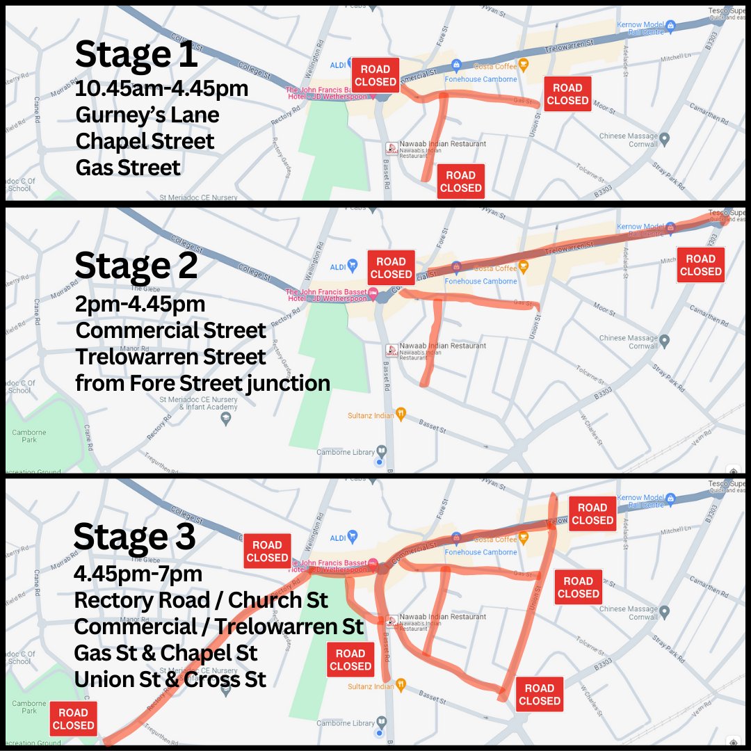 To minimise closure times and inconvenience for residents and businesses, we’re managing a 3 stage road closure schedule during Friday’s lights switch-on and lantern parade in #Camborne. Please see the map below to see the times and roads affected.