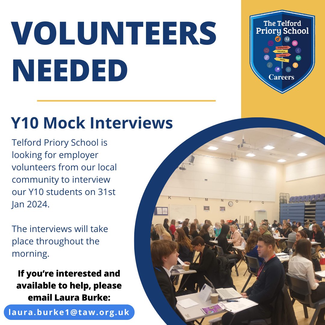 We are looking for some local volunteers for our next Y10 Mock Interview event on 31st Jan 2024. If you're able to volunteer some time, please get in touch! laura.burke1@taw.org.uk

#communitysupport #businessengagement #school #pathways