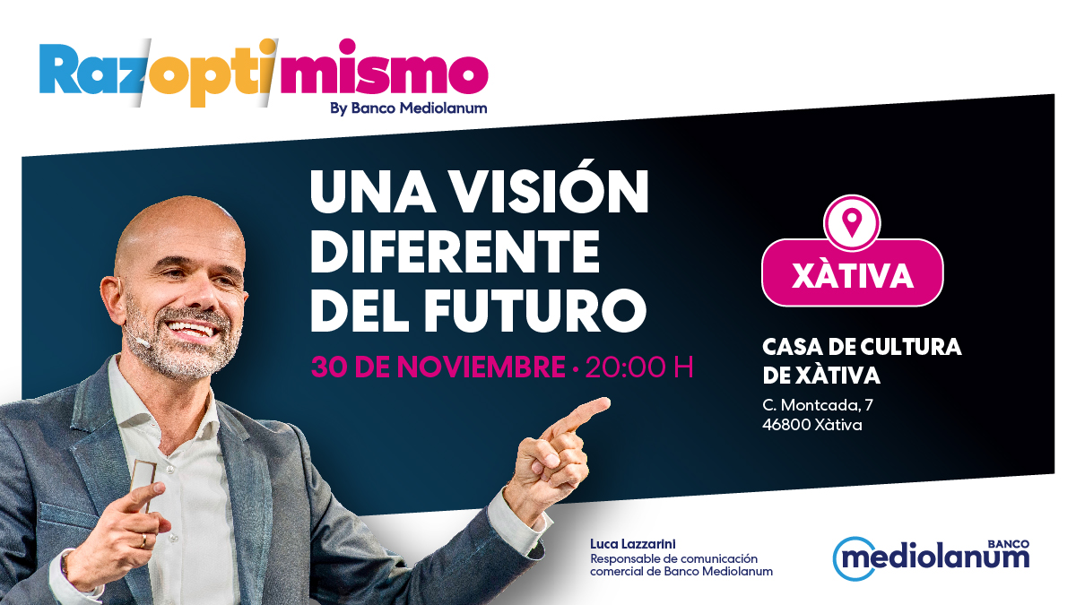 BancoMediolanum's tweet photo. Dicen que lo mejor está por venir. Y así es, porque #Razoptimismo está por venir a Xàtiva el próximo jueves 30 😉 ¿Te lo vas a perder? Si quieres asistir, ¡escríbenos un mensaje directo!
📅Jueves 30 de noviembre, 20:00 h.
📍Casa de Cultura, Xàtiva https://t.co/Z49NaZnyjn