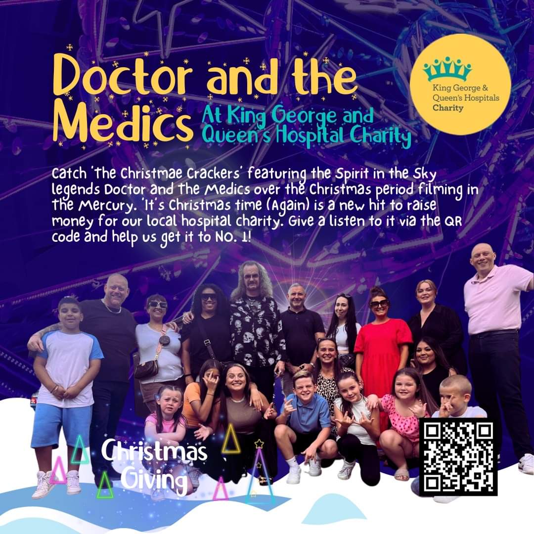 EnglishMizz (@englishmizz) on Twitter photo Have a listen via the QR code and lets help get this amazing song to No1!
The single fratturing ( <a href="/Rev_Dr/">Rev Dr Clive Jackson</a> ) Doctor & the Medics is released to help raise money to buy presents for the children staying in our local hospitals this Christmas. King George & Queen's Hospitals Charity Have a listen via the QR code and lets help get this amazing song to No1!
The single fratturing ( <a href="/Rev_Dr/">Rev Dr Clive Jackson</a> ) Doctor & the Medics is released to help raise money to buy presents for the children staying in our local hospitals this Christmas. King George & Queen's Hospitals Charity