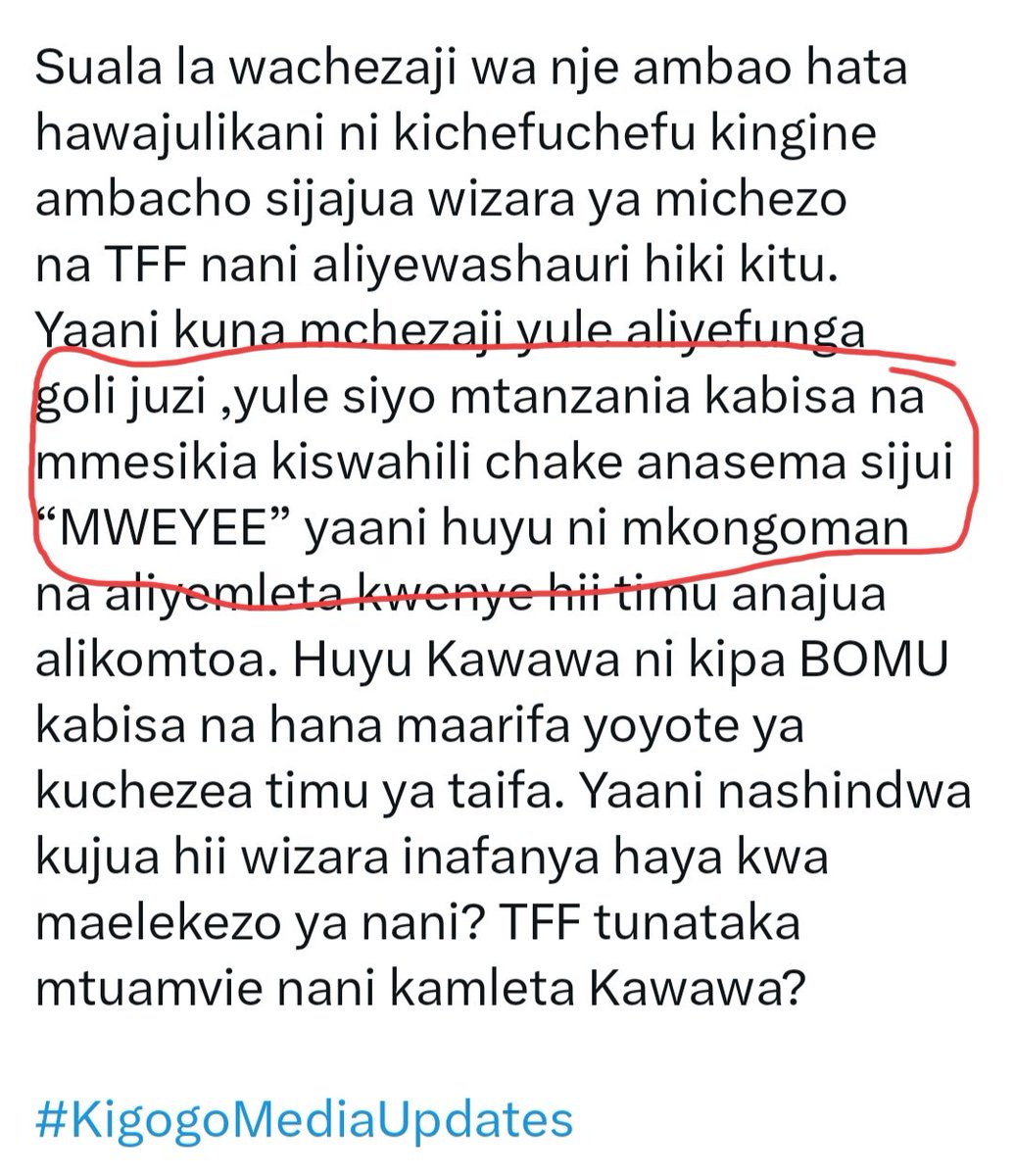 goligani's tweet photo. Niliwahi kuchangia mahala fulani Wanangu badala kujibu HOJA wakanitukana na kusema sijui MPIRA ila UKWELI ni Kwamba MPIRA ni PROCESS sio jambo la kufumba na kufumbua.
Tuna timu za under 15, 16,17, 18, 19, 20,21 Kwani hawa vijanq huwa wanaenda wapi??
ACHENI siasa kweny SOKA tengenezeni timu ya TAIFA NAFASI bado ipo ila mkiendelea na haya MAUZAUZA mtazidi kurudi nyuma.