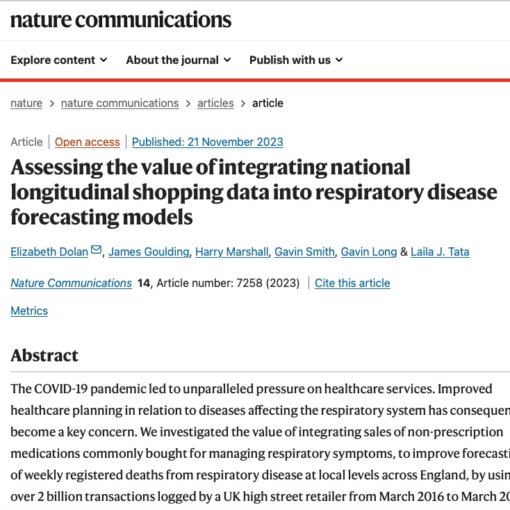 Elizabeth Dolan (@3lizabeth_dolan) on Twitter photo Very proud of this work! Check out our <a href="/Neodemographics/">The N/LAB</a> latest publication📚🔍 rdcu.be/drFvJ We show the value of using shopping data🛒 in respiratory disease forecasting models. And apply some very cool #AI explainability tools <a href="/HorizonCDT/">Horizon CDT</a> <a href="/EPSRC/">Engineering and Physical Sciences Research Council</a> #HealthResearch Very proud of this work! Check out our <a href="/Neodemographics/">The N/LAB</a> latest publication📚🔍 rdcu.be/drFvJ We show the value of using shopping data🛒 in respiratory disease forecasting models. And apply some very cool #AI explainability tools <a href="/HorizonCDT/">Horizon CDT</a> <a href="/EPSRC/">Engineering and Physical Sciences Research Council</a> #HealthResearch