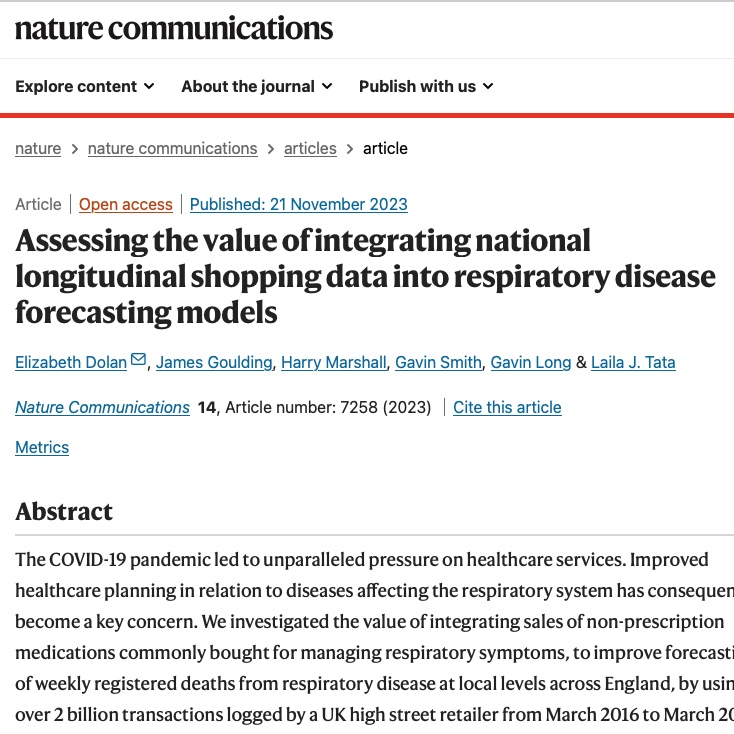 Very proud of this work! Check out our @Neodemographics latest publication📚🔍 rdcu.be/drFvJ We show the value of using shopping data🛒 in respiratory disease forecasting models. And apply some very cool #AI explainability tools @HorizonCDT @EPSRC #HealthResearch