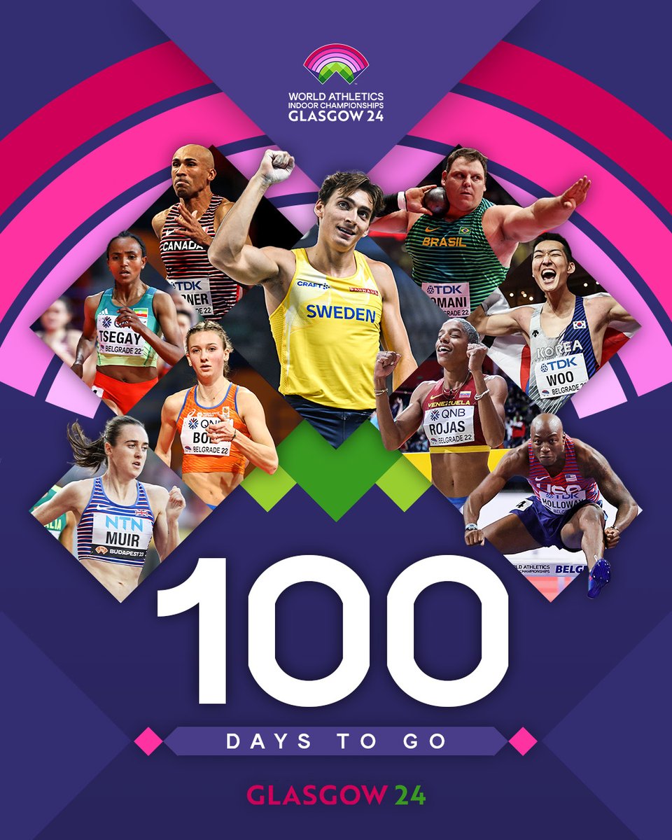 Only 100 days to go until the start of #WICGlasgow24!

We can’t wait to welcome the world’s athletes next March.

#WorldIndoorChamps