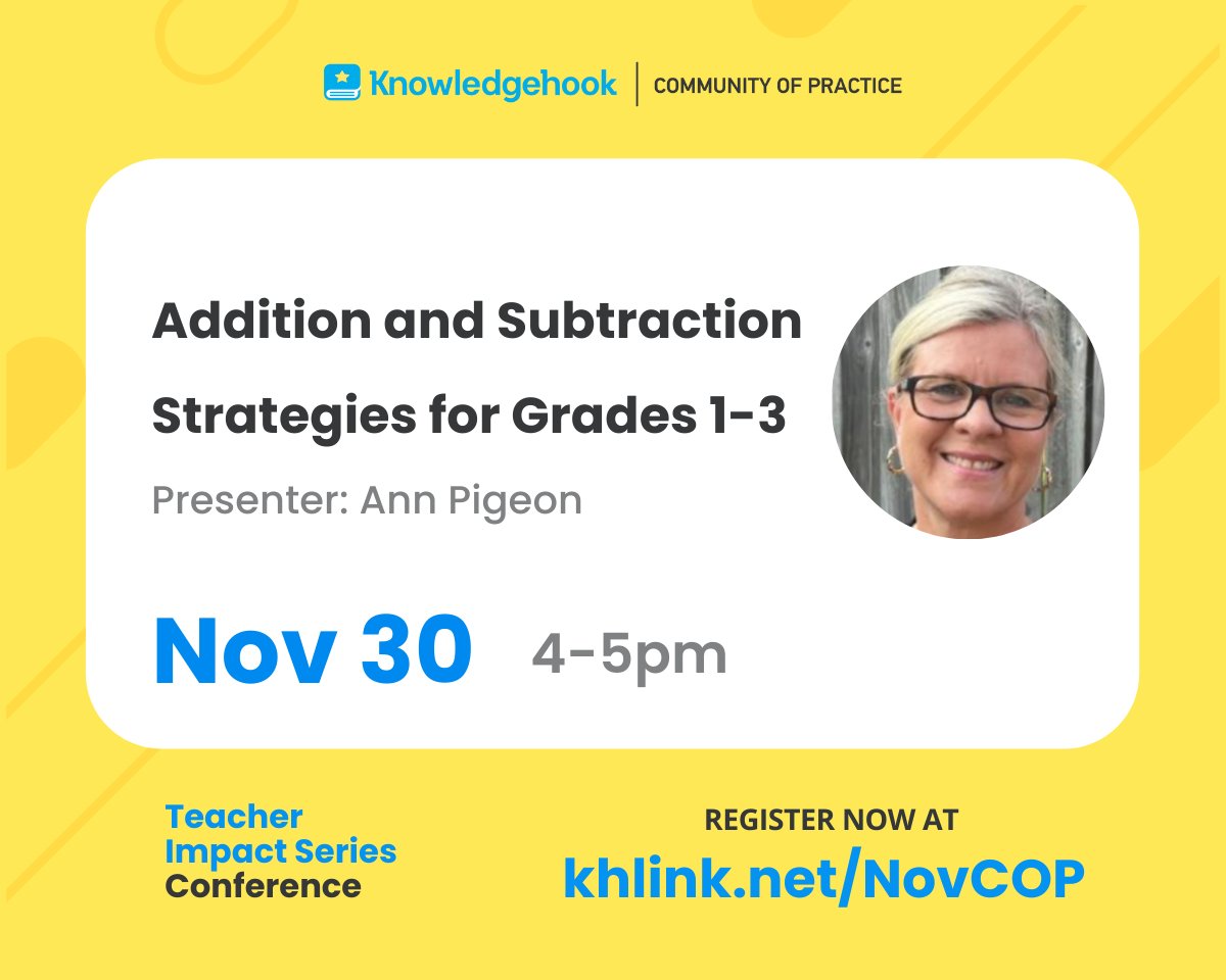 Dive into the heart of primary grade math skills with Ann Pigeon Nov 30th.🎯

Discover a multitude of strategies for mastering addition and subtraction skills for grades 1-3 🧮🔢 Register now for free: khlink.net/NovCOP 

@ann_pigeon  #OntEd #k12 #MathEd #teachertwitter