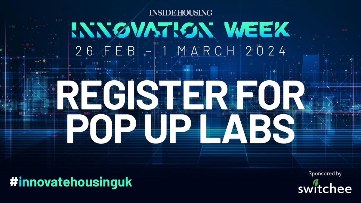 insidehousing's tweet photo. The #InsideHousingInnovationWeek returns for 2024! Running from 26 Feb to 1 Mar 2024, it will be packed with pop up labs bringing together housing professionals to highlight how #technology could change the sector.
Agenda: https://t.co/I4IWm6Eu6P #innovatehousinguk @SwitcheeLtd https://t.co/eLdTqWkYLQ