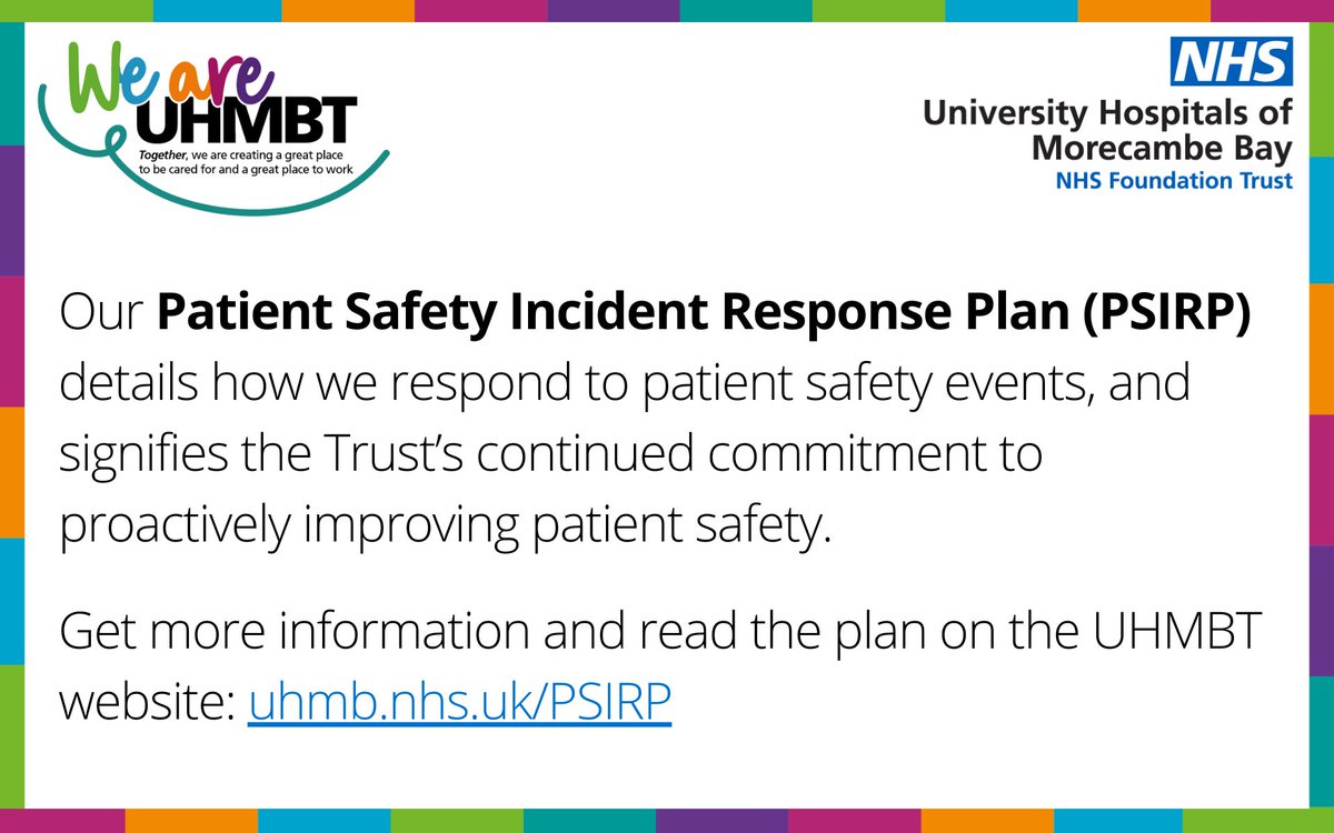 Our new Patient Safety Incident Response Plan (PSIRP) details how we respond to patient safety events, and signifies the Trust’s continued commitment to proactively improving patient safety. Read the plan here: uhmb.nhs.uk/our-trust/pati… @UHMB_Pt_Safety
