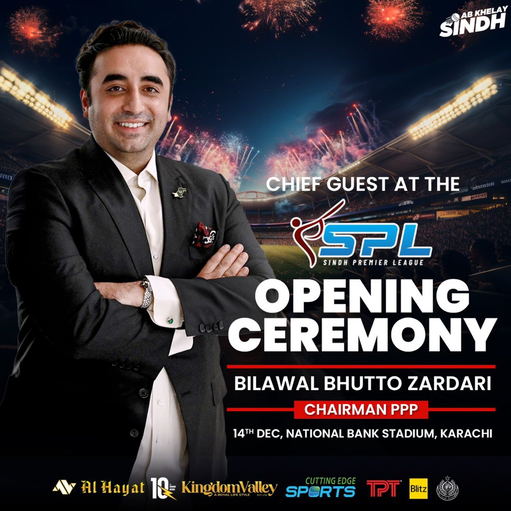 Join Chairman PPP Bilawal Bhutto Zardari for an exciting kick-off at the #SPL opening ceremony in Karachi on Dec 14th!

#AbKhelaySindh #SindhPremierLeague