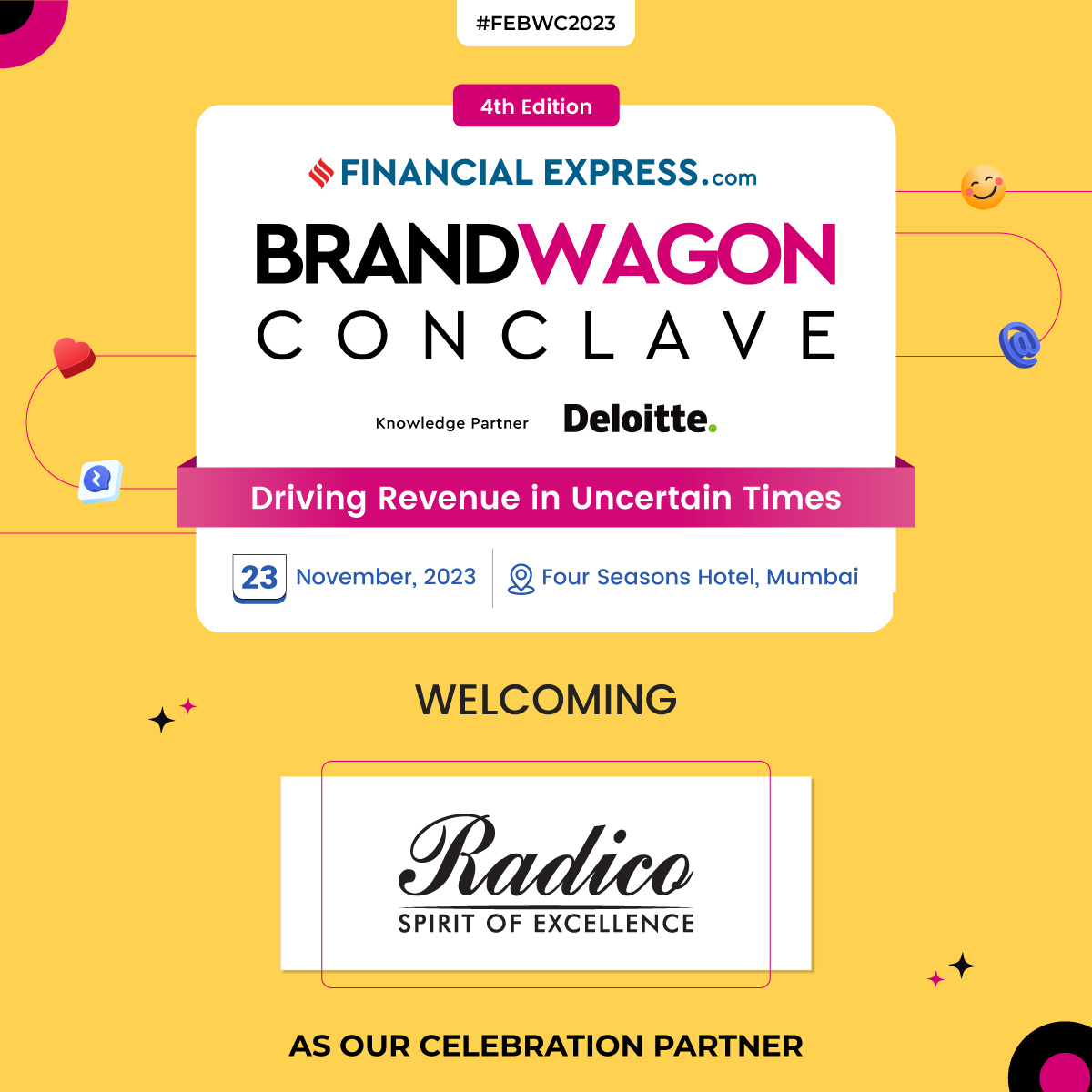 FEBrandWagon's tweet photo. We would like to welcome Radico Khaitan Limited as our celebration partner
Join with us: https://t.co/ph0fYbsJvi
#FEBWC2023 #BrandWagonconclave #marketing #ai #CommerceAdvertising #DigitalMarketing #predictiveanalysis #ROIinMarketing #MarketingTrends #advertising #conclave https://t.co/PKS3PF2yB1