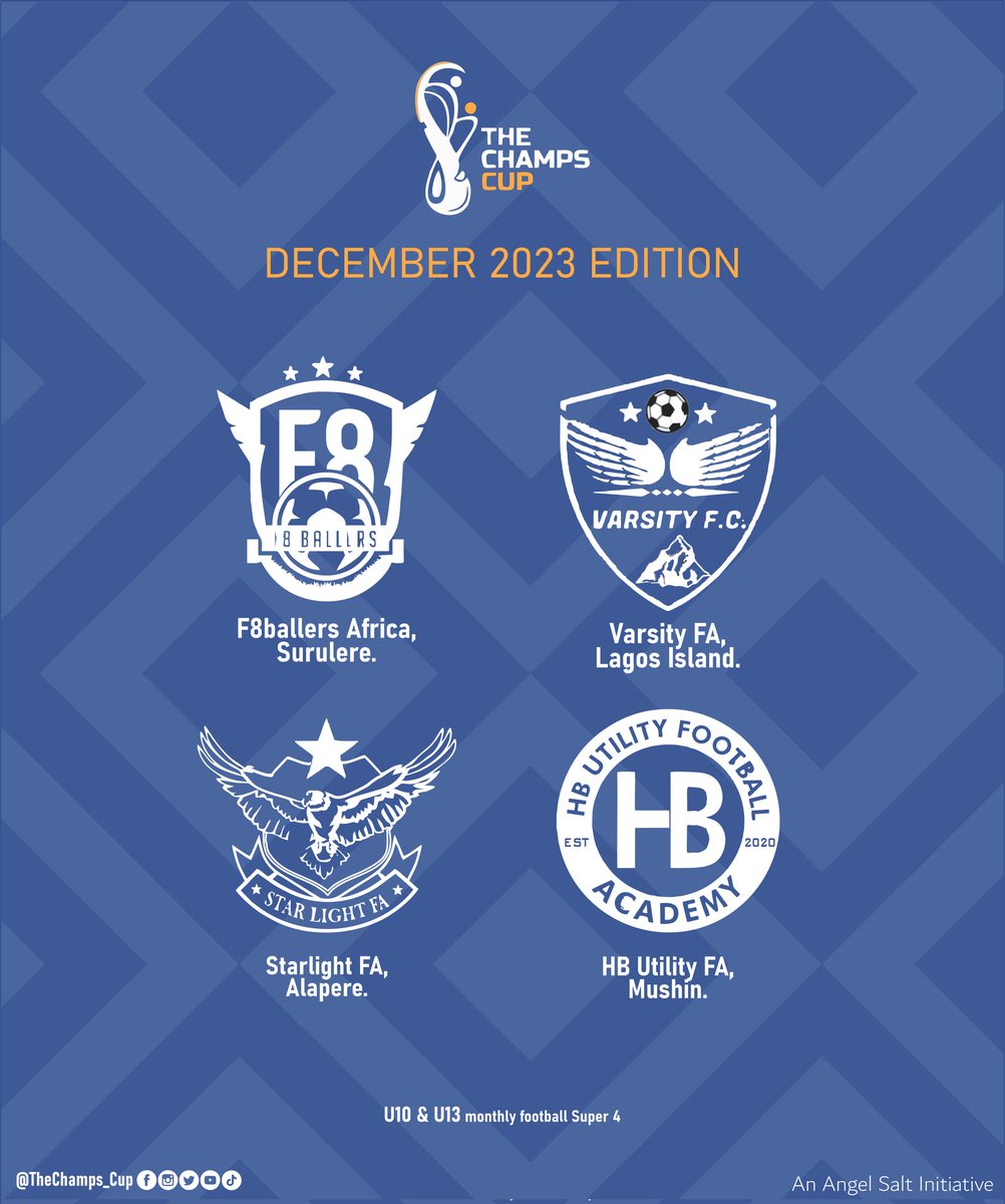 🟠🔵⚪ /The Champs Cup 🏆/

Meet December 4️⃣ teams:

🌺 F8BALLERS AFRICA, #Surulere
🌺 VARSITY FA, #LagosIsland
🌺 STARLIGHT FA, #Alapere
🌺 HB UTILITY FA, #Mushin

📍 Save the date
🎟️ Get tickets

#TheChampsCup
#EducationForAll #footballunitestheworld #Africa #Lagos #Nigeria 🇳🇬