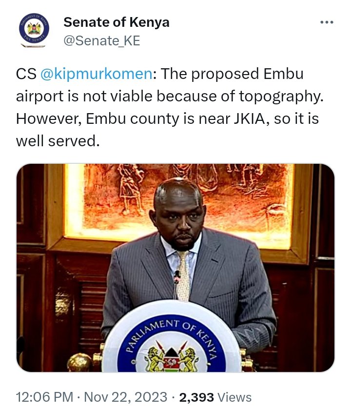 VotersBeware's tweet photo. Embu County (Mt Kenya) don't deserve an Airport since the region can be served well by JKIA in Nairobi. Let's first build airports/airstrips in Kericho &amp; Eldoret (Rift Valley) ~ @kipmurkomen to @Senate_KE

Kikuyus regret their stand on BBI pushed by President Uhuru and Raila. https://t.co/wjih0Jdbej