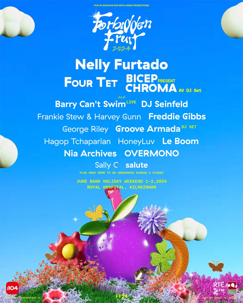 🍎 @ForbiddenFFest has announced it's return to Kilmainham for June Bank Holiday weekend, 1 & 2 June 2024. Performers include @NellyFurtado, @feelmybicep, @FreddieGibbs, @FourTet, @BarryCantSwim and many more 🔥 🎫 Tickets on sale next Wednesday at 9am - bit.ly/46oY5uc