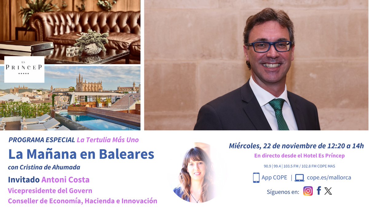 CopeMasMallorca's tweet photo. En nuestra Tertulia Más Uno de este mes, las preguntas de nuestros tertulianos las responde Antoni Costa, vicepresidente y conseller de Economía, Hacienda e Innovación @HisendaGOIB del @goib.
En directo desde @esprincephotel 
@ppEivissa @ppbalears @ParlamentIB https://t.co/7KUNopBkAC