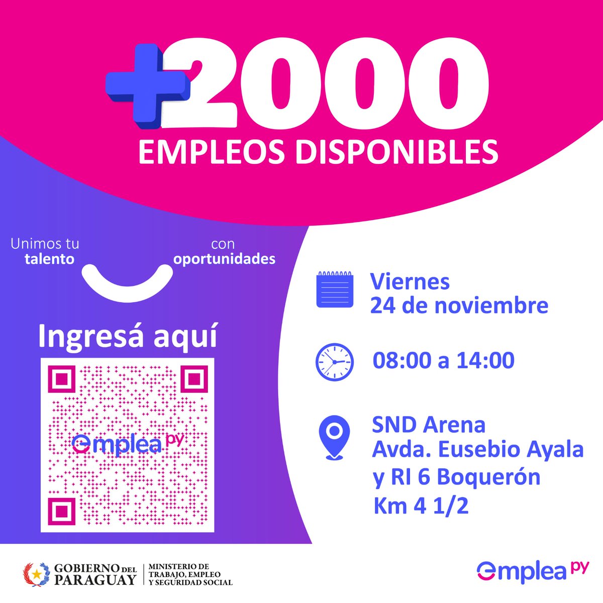 SNPP_Paraguay's tweet photo. Feria de Empleo @MTESS_PY

🙌🏻 Si estás buscando un empleo, no te olvides de ingresar a este enlace 👉🏻  https://t.co/p8G6ZUf5g6  para registrarte y postularte a las más de 2️⃣0️⃣0️⃣0️⃣ vacancias laborales que tenemos para vos. https://t.co/9rHPMbky5O