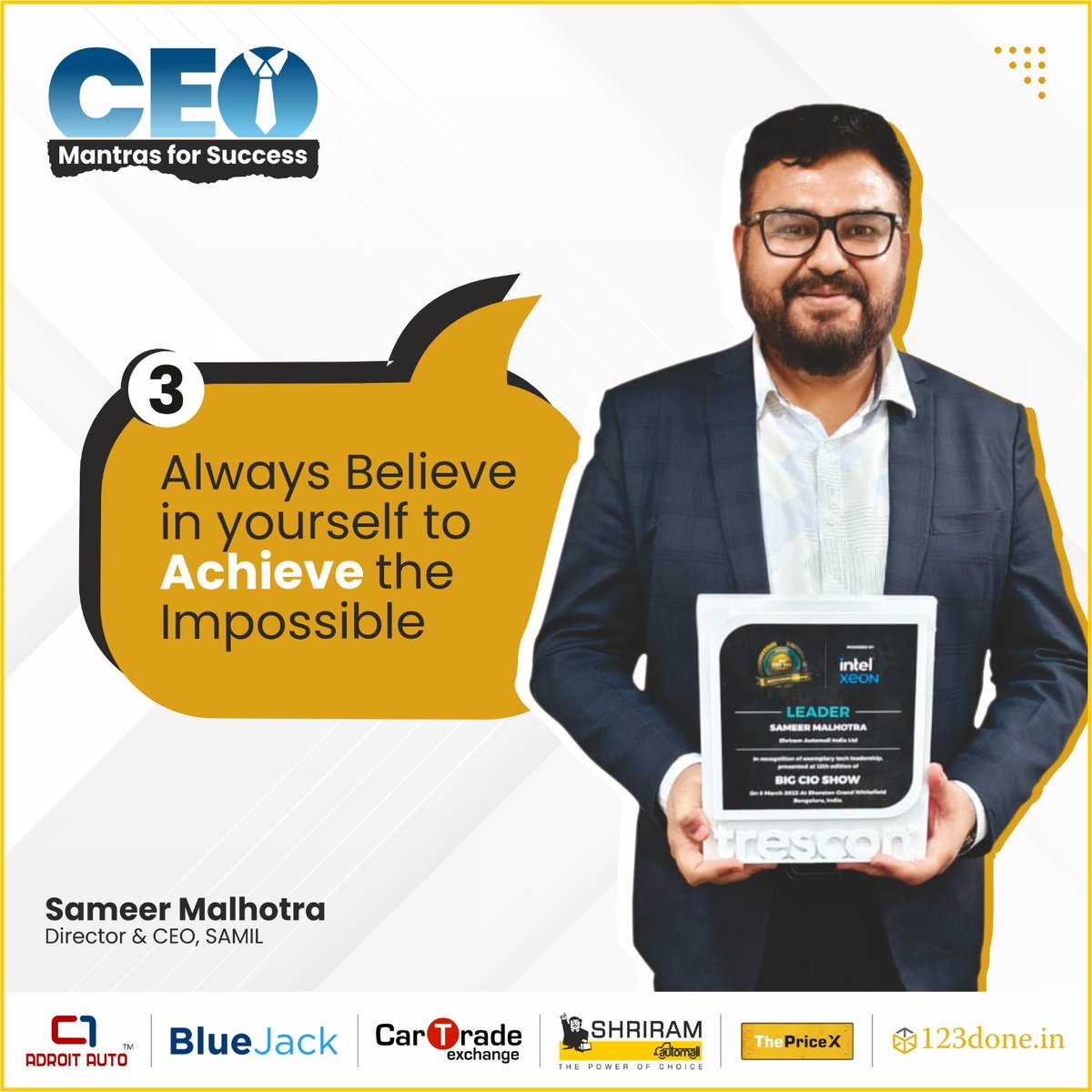 In the realm of possibilities, your belief is the key that unlocks the extraordinary. 

Trust in your abilities, persevere through challenges, and witness the extraordinary unfold. 

#MantrasForSuccess #Motivation #CEO #ShriramAutomall #SAMIL #ProudSamilian