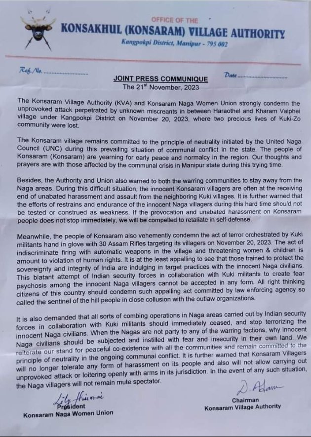 The people of the Naga village Konsaram were indiscriminately fired upon by Kuki terr0rists armed with sophisticated weapons. Their women and children were threatened.  

The press communique by the KVA emphatically claim that members of 30 Assam Rifles were "hand in glove" with