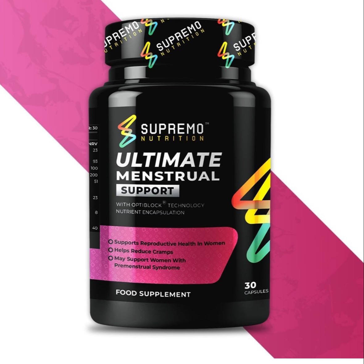 Experience the power of #SUPREMONUTRITION's Ultimate #MenstrualSupport!💪🌸These 30 capsules, enriched with Optiblock Technology, are designed to support reproductive health in women, reduce #cramps, &provide #relief for those dealing with #PremenstrualSyndrome. 
#OptimalHealth