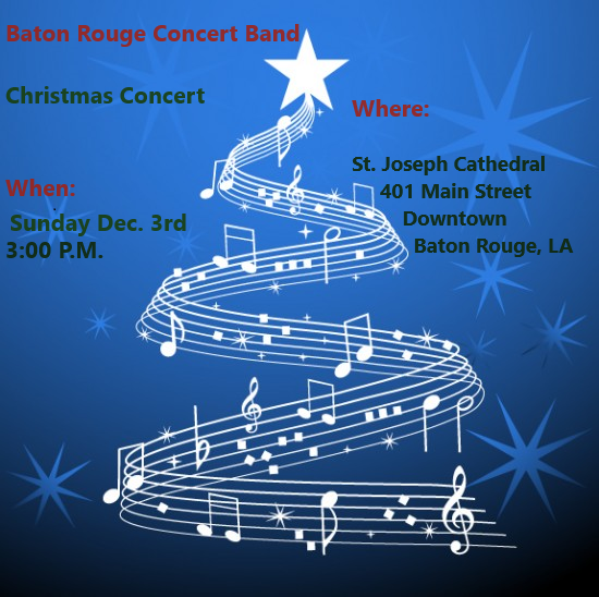 BRConcertBand's tweet photo. Come join the Baton Rouge Concert Band for our annual Christmas Concert at St. Joseph Cathedral, 401 Main St., Downtown Baton Rouge, LA at 3:00 p.m. Sunday December 3rd.  Join us in person or live stream on our Facebook page at https://t.co/u9xAJDW2F0 . https://t.co/JwTQgA6ml5