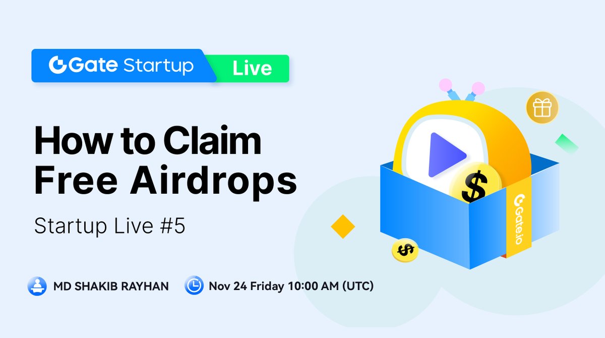 Gate_Launch's tweet photo. 📺https://t.co/a1d9vDe5GZ How to Claim Free Airdrops -#GateioStartup Live #5

📍Venue: https://t.co/9XhIcBni5U

🏆1 lucky user will win a 100-share Startup Voucher!
✅Rt &amp; Follow @Gateio_Startup
✅Tag 3 friends with #GateioStartup

#StartupLive https://t.co/0d2PkrfVOb