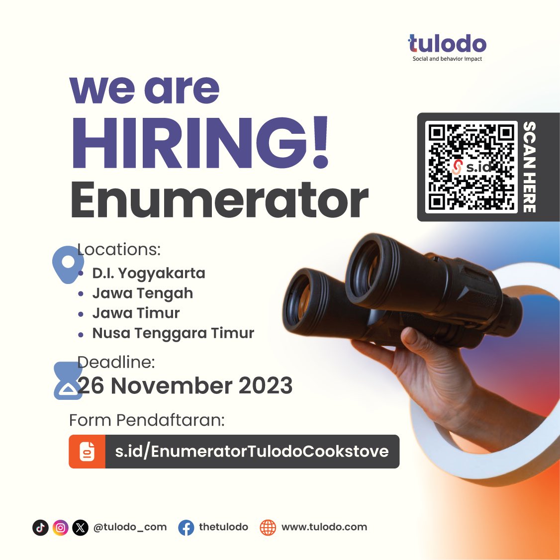 Tulodo_com's tweet photo. DICARI!!!
Enumerator untuk proyek terbaru Tulodo 🔍
Info selengkapnya kunjungi:
https://t.co/U7IEPEEJbI
(Deadline: 26 November 2023 Pukul 23.59 WIB)
#LowonganKerja
#Penelitian
#Enumerator
#TulodoIndonesia
#Socialandbehaviorimpact https://t.co/tjt6Myc0pk