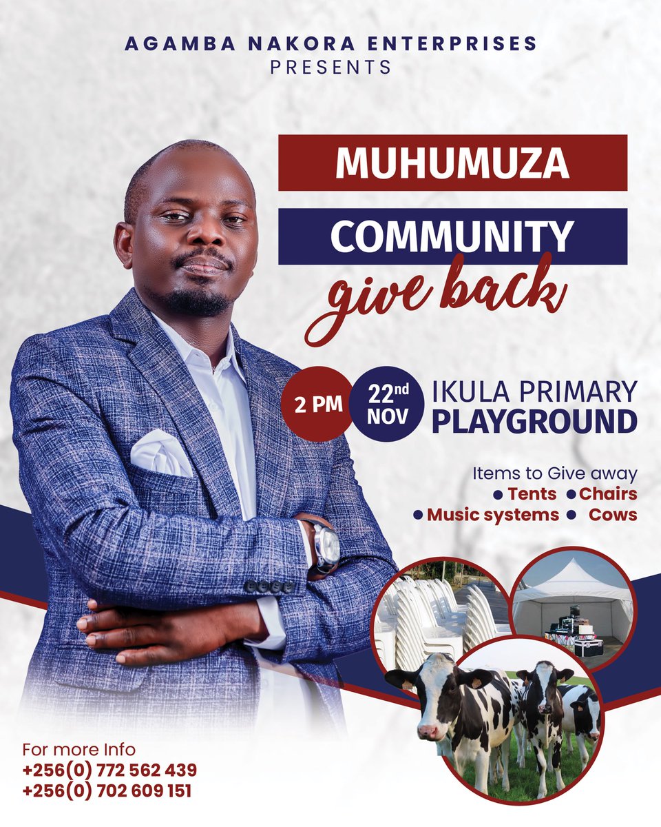 Today is the Muhumuza Henry Community give back day🎊

-Tents
-Chairs
-Music Systems
-Cows 
Are all up for grabs at Ikula Primary Playground in Mubende courtesy of Agamba Nakora Enterprises @AgambaNakora.

#AgambaNakora || #LegacyFirm