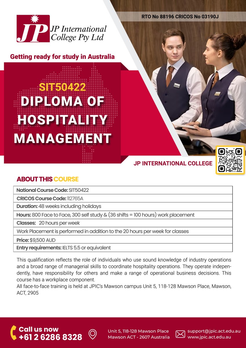 JP International College (@jpinternation15) on Twitter photo SIT50422 Diploma of Hospitality Management
jpic.act.edu.au
marketing@jpic.act.edu.au
+61 262868328
#JPIC
#StudyInAustralia #HospitalityEducation #CanberraCollege #GlobalHospitality #ManagementCourses SIT50422 Diploma of Hospitality Management
jpic.act.edu.au
marketing@jpic.act.edu.au
+61 262868328
#JPIC
#StudyInAustralia #HospitalityEducation #CanberraCollege #GlobalHospitality #ManagementCourses