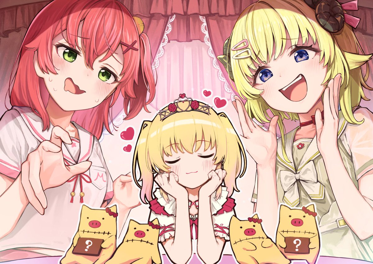 sakura miko ,tsunomaki watame multiple girls 3girls blonde hair hair ornament green eyes pink hair hairclip  illustration images