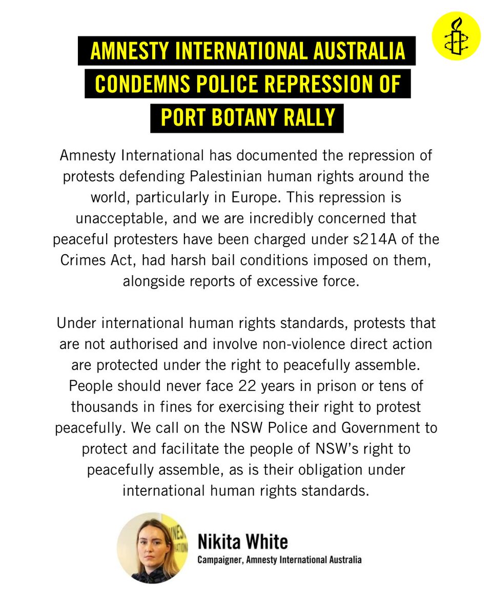 Amnesty International Australia is deeply concerned about the heavy-handed police repression of a peaceful protest near Port Botany yesterday evening.

Statement 👇