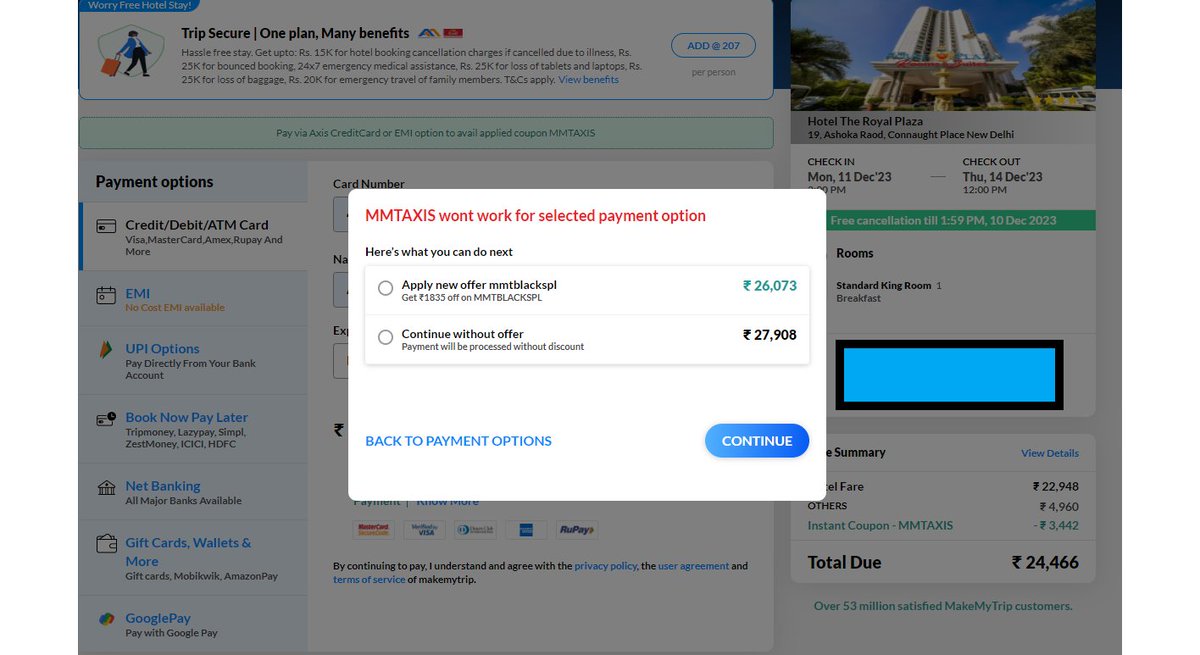 Strange that @makemytrip gives offers while booking and at the time of payment denies the offer - such fraudulent practices should end. The terms clearly mention the offer on @AxisBank card on Wednesday. @jagograhakjago @MoCA_GoI @bookingcom @agoda