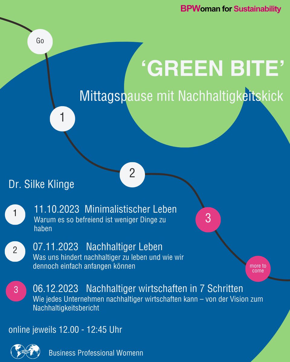 BPW_Germany's tweet photo. Green Bites: Erfahre in unserer Mittagspause mit Nachhaltigkeitskick, wie du in 7 Schritten Nachhaltigkeit in deinem Leben und Unternehmen etablierst. Sei dabei am 06.12.2023 um 12 Uhr online! #GreenBites #Nachhaltigkeit #NachhaltigesLeben 🌿🌍 https://t.co/Uf0wQZmDXU