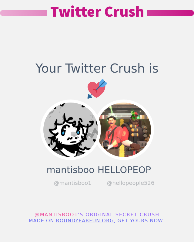 mantisboo1's tweet image. My Twitter Crush is: @hellopeople526

➡️ funxgames.me/twittercrush